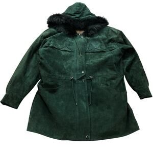 Vintage ADA Suede Leather Long Parka Coat Womens Medium Hood Faux Fur Trim Green
